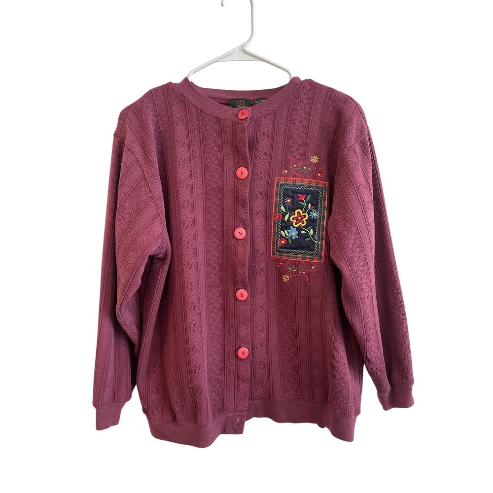 Burgundy button up sweater with embroidery detail